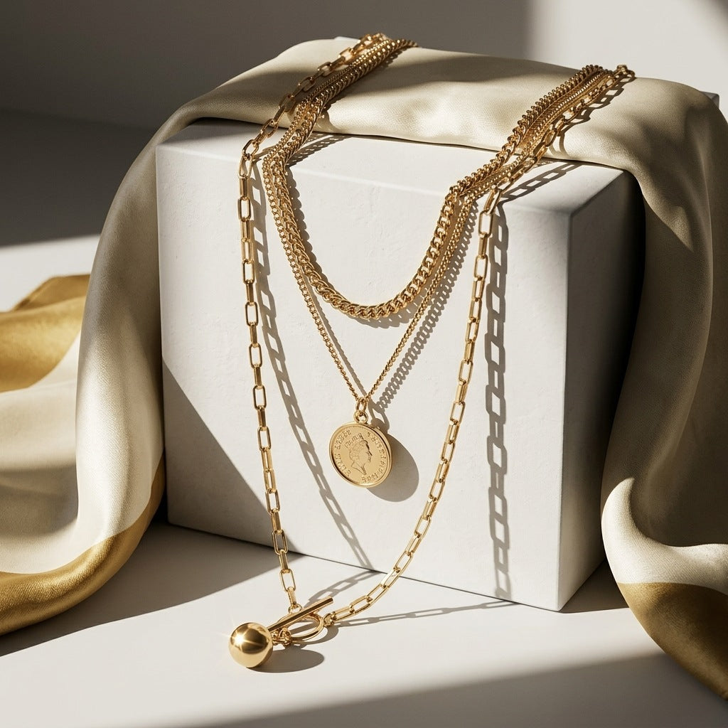 高定风三层叠戴项链复古圆女王头像吊坠轻奢百搭饰品 副图
