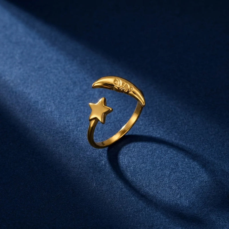 极简风月亮星星开口戒小众设计感通勤气质金色百搭戒指