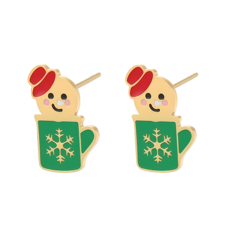 极简风卡通雪人雪花杯耳饰小众设计感圣诞氛围耳钉